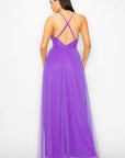 Pleated Mesh Slit Maxi Dress