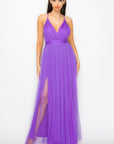 Pleated Mesh Slit Maxi Dress