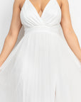 Pleated Mesh Slit Maxi Dress