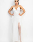 Pleated Mesh Slit Maxi Dress