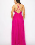 Pleated Mesh Slit Maxi Dress