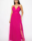 Pleated Mesh Slit Maxi Dress