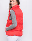 Zip Up Button Puffer Vest With Waist Toggles