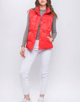 Zip Up Button Puffer Vest With Waist Toggles