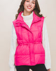 Zip Up Button Puffer Vest With Waist Toggles