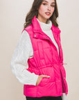Zip Up Button Puffer Vest With Waist Toggles