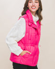 Zip Up Button Puffer Vest With Waist Toggles