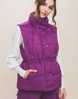 Zip Up Button Puffer Vest With Waist Toggles
