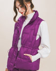 Zip Up Button Puffer Vest With Waist Toggles