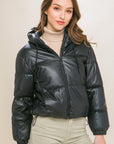 Pu Faux Leather Zipper Hooded Puffer Jacket