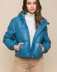Pu Faux Leather Zipper Hooded Puffer Jacket