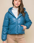 Pu Faux Leather Zipper Hooded Puffer Jacket
