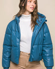 Pu Faux Leather Zipper Hooded Puffer Jacket