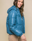 Pu Faux Leather Zipper Hooded Puffer Jacket