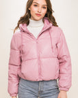 Pu Faux Leather Zipper Hooded Puffer Jacket