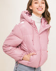 Pu Faux Leather Zipper Hooded Puffer Jacket