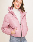 Pu Faux Leather Zipper Hooded Puffer Jacket