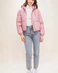 Pu Faux Leather Zipper Hooded Puffer Jacket