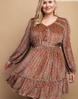 Printed Velvet V-neck Dress With Button Front Detail