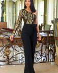 One Shoulder Zebra Sequins Jumpsuit
