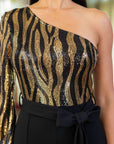 One Shoulder Zebra Sequins Jumpsuit