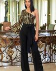One Shoulder Zebra Sequins Jumpsuit