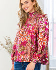 Floral Mock Neck Smocked Yoke Blouse