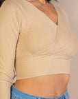 Ribbed Wrap Front Long Sleeve Top