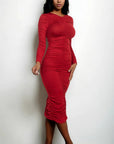 Ruched Long Sleeve Midi Dress