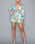 Tropical Satin Long Sleeve Romper W/collar & Tie Detail Front