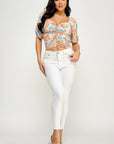 Floral Print Lace Up Ruched Crop Top