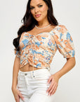 Floral Print Lace Up Ruched Crop Top