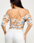 Floral Print Lace Up Ruched Crop Top