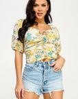 Floral Print Lace Up Ruched Crop Top