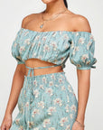 Floral Off Shoulder Sleeve Back Tie Top Skirt Set