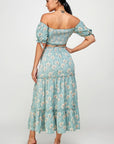 Floral Off Shoulder Sleeve Back Tie Top Skirt Set
