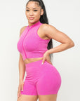 Washed Seamless Zipper Top And Shorts Set