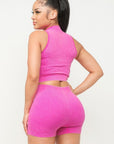 Washed Seamless Zipper Top And Shorts Set