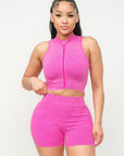 Washed Seamless Zipper Top And Shorts Set