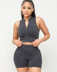 Washed Seamless Zipper Top And Shorts Set