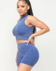 Washed Seamless Zipper Top And Shorts Set