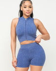 Washed Seamless Zipper Top And Shorts Set