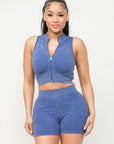 Washed Seamless Zipper Top And Shorts Set