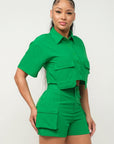 Front Button Down Side Pockets Top And Shorts Set