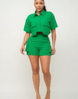 Front Button Down Side Pockets Top And Shorts Set