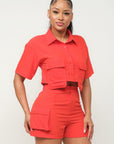 Front Button Down Side Pockets Top And Shorts Set