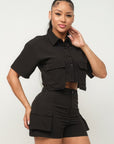 Front Button Down Side Pockets Top And Shorts Set