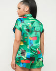 Satin Dolman Print Button Down Top And Shorts Set