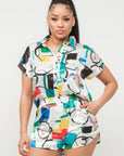 Satin Dolman Print Button Down Top And Shorts Set