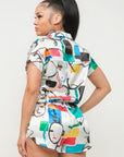 Satin Dolman Print Button Down Top And Shorts Set